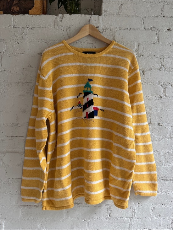 Sag Harbor Sweaters - Vintage 90’s Ramie Cotton Lighthouse Sweater in Yellow, size XL